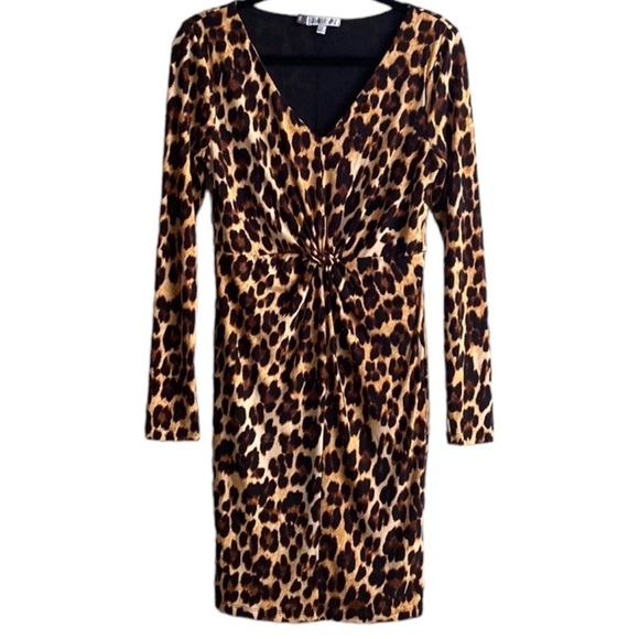 Jennifer Lopez Long Sleeve Knot Front Sheath Cheetah Animal Print Mini Dress S - Picture 1 of 8